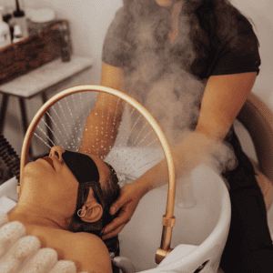 lady enjoying korean hair spa at sasha beauty salon